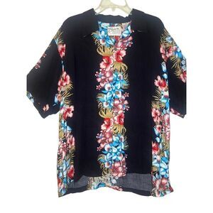 Thums Up Black Blue Red Tropical Hawaiian Shirt Size 2X Floral Rayon Dress